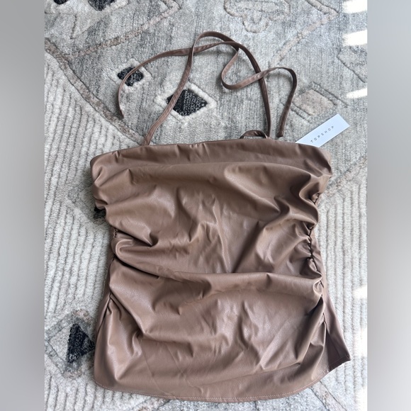 Topshop halter ruched leather look top in camel - Picture 2 of 10